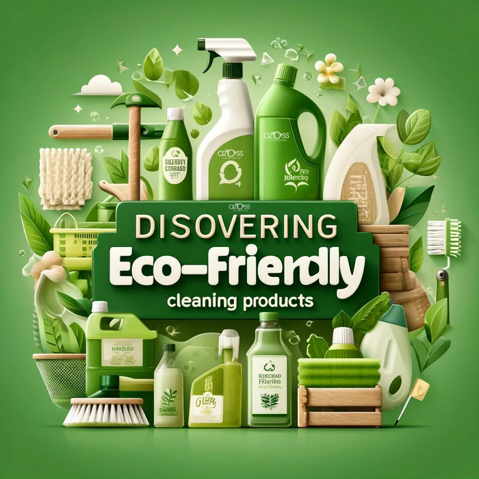 Eco-friendly cleaning products displayed on a banner for 'Discovering Eco-Friendly Cleaning Products in Qatar', featuring green and natural elements to emphasize sustainability and environmental care.