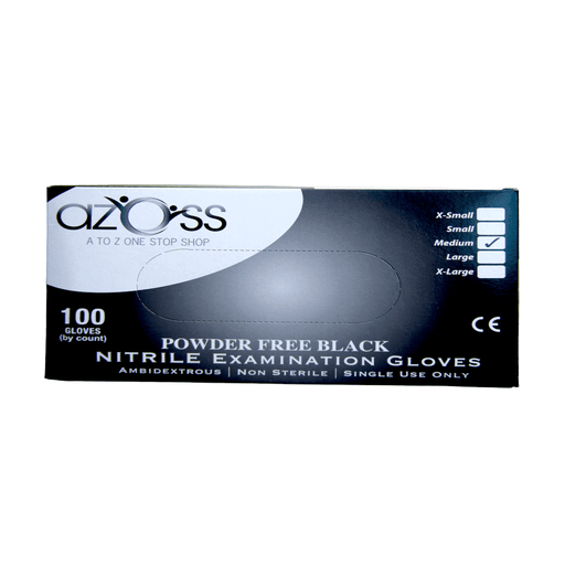 Azoss disposable medium black nitrile powder free material gloves formulation features added thickness to provide excellent barrier protection