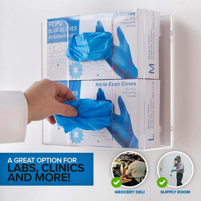 Double-compartment acrylic glove box holder mounts to the wall for space-saving storage and easy access to disposable gloves.