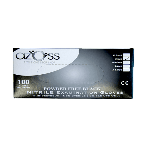Azoss disposable small black nitrile powder free material gloves formulation features added thickness to provide excellent barrier protection