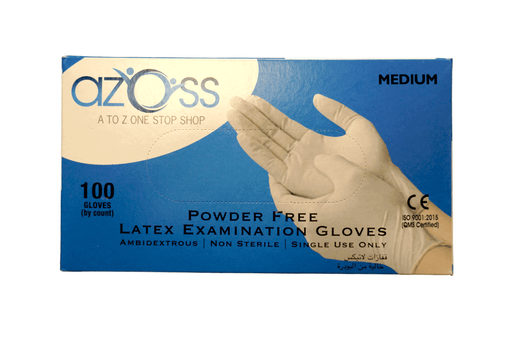 Azoss Powder Free Latex Glove Medium, Latex gloves offer flexibility, elasticity, dexterity, tactile sensitivity, comfort, and fit. They have good mechanical resistance and successfully form a barrier to bodily fluid and other infectious substances, Shop Online in Qatar