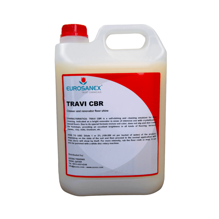The TRAVI CBR shine cleaner and renewer is a self-shining, floor-cleaning emulsion that fills the color of the floor and does not slip, making it perfect for professional hygiene.